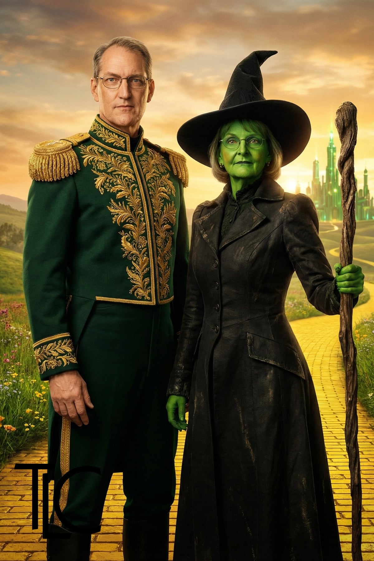 Two guests in a custom Emerald City portrait created at a corporate AI photo booth