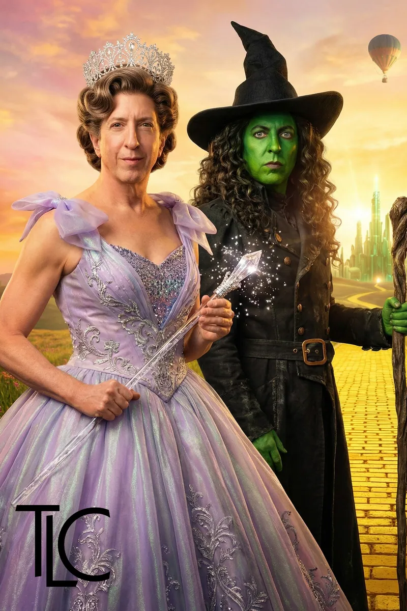 Two Travelers guests transformed into coordinated Oz-inspired characters by an AI photo booth
