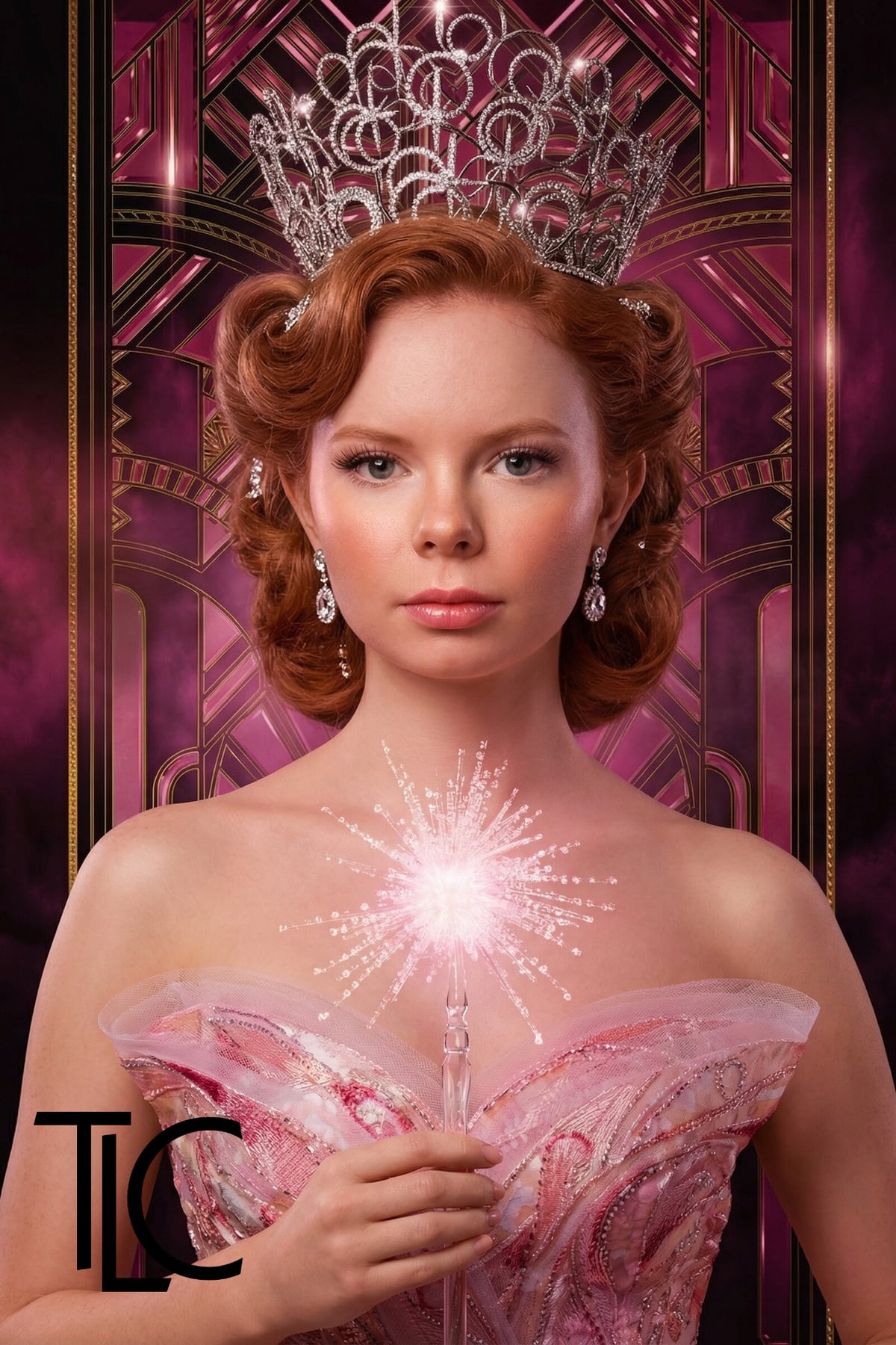 Guest transformed into a pink good-witch character by a custom corporate AI photo booth