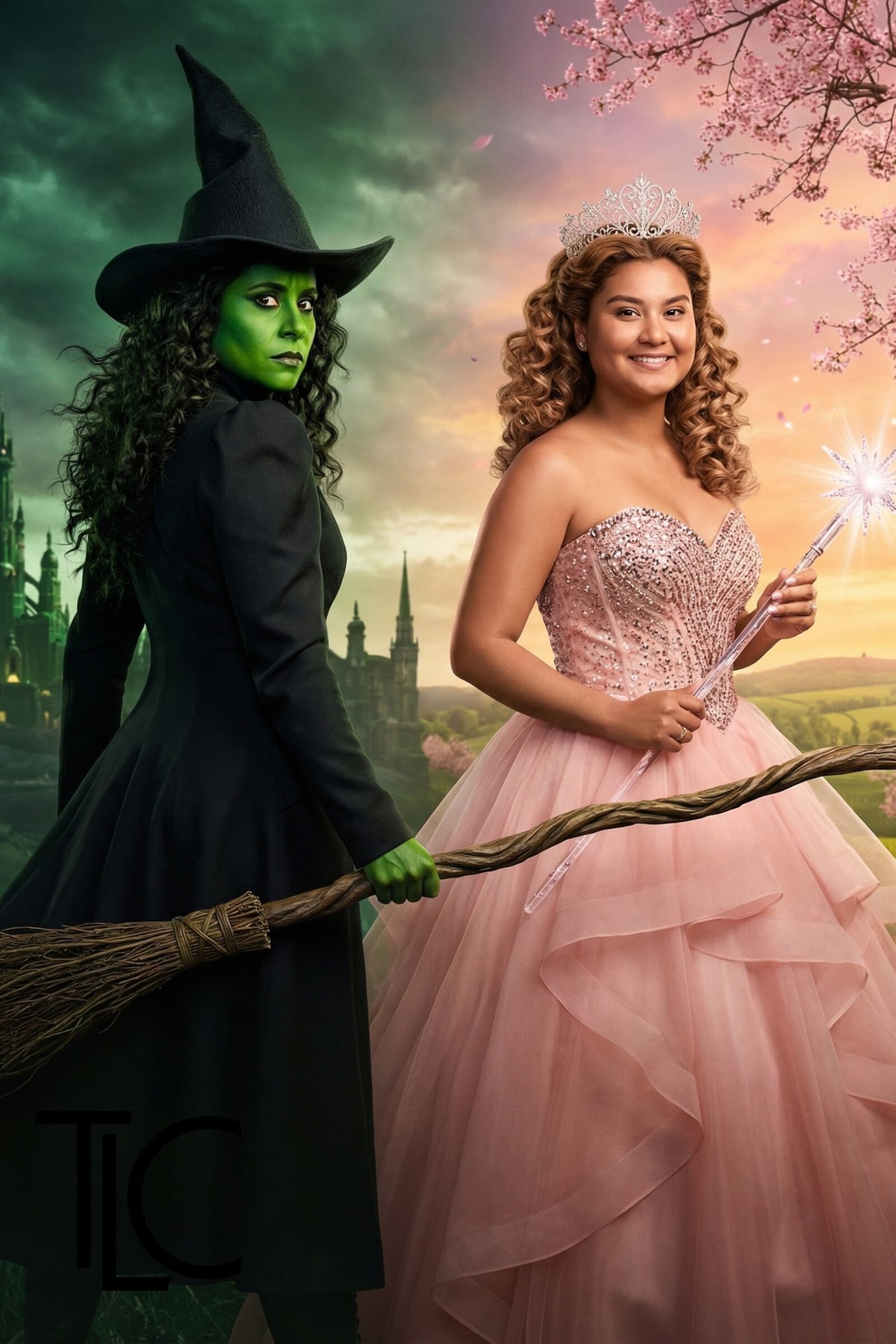 Two guests sharing a Wicked-inspired fantasy portrait at the Travelers celebration